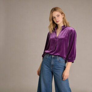 NWOT John Mark Pleated Ruffle Collar Velvet 3/4 Sleeve Blouse Purple Size PXL